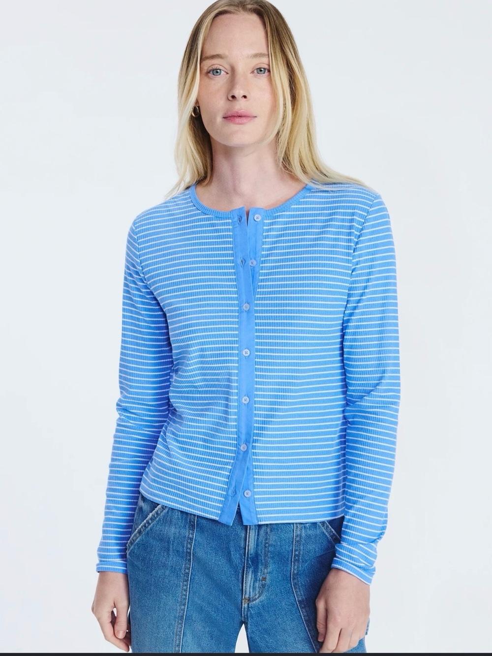 Striped Crewneck Button-Up Top in Light Blue - Picture 1 of 6